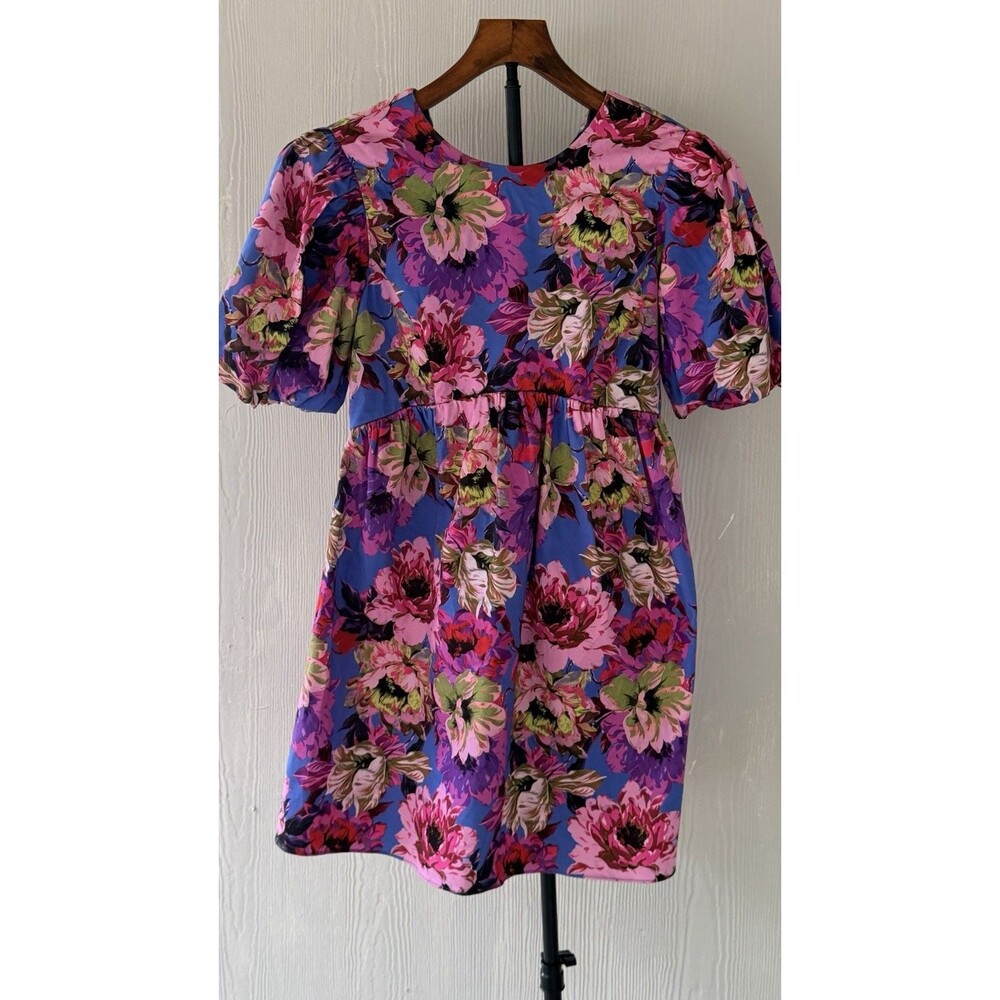 River Island Floral Mini Dress US 8 Puff Sleeve Open Back Tie Detail